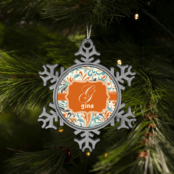 Orange & Blue Leafy Swirls Vintage Snowflake - (LIFESTYLE)