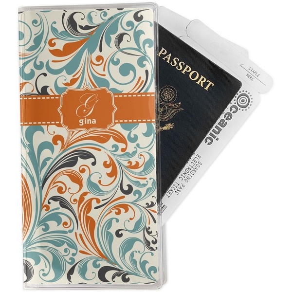Custom Orange & Blue Leafy Swirls Travel Document Holder