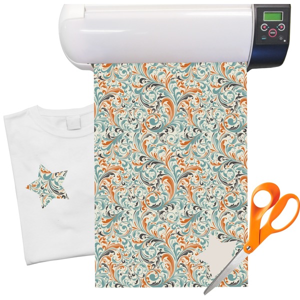 Custom Orange & Blue Leafy Swirls Heat Transfer Vinyl Sheet (12"x18")