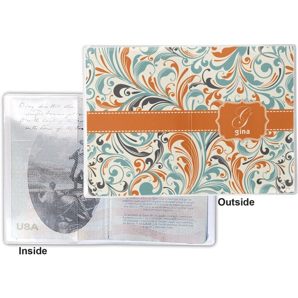 Orange & Blue Leafy Swirls Vinyl Passport Holder - Flat Front and Back