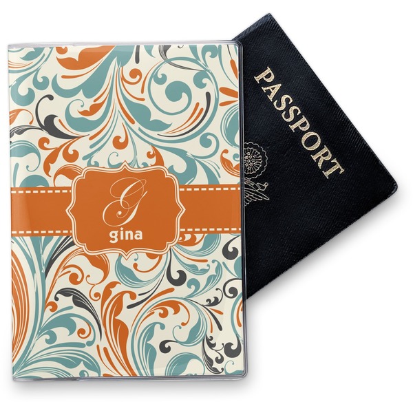 Custom Orange & Blue Leafy Swirls Vinyl Passport Holder (Personalized)