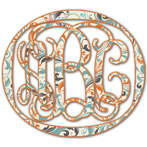 Custom Orange & Blue Leafy Swirls Monogram Decal - Large (Personalized)