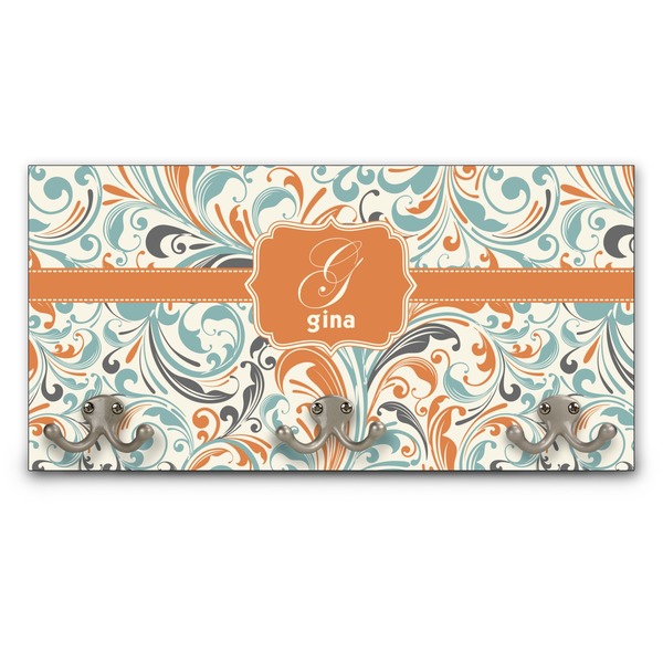 Custom Orange & Blue Leafy Swirls Wall Mounted Coat Rack (Personalized)