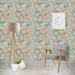 Orange & Blue Leafy Swirls Wallpaper & Surface Covering