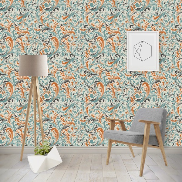 Custom Orange & Blue Leafy Swirls Wallpaper & Surface Covering (Water Activated - Removable)