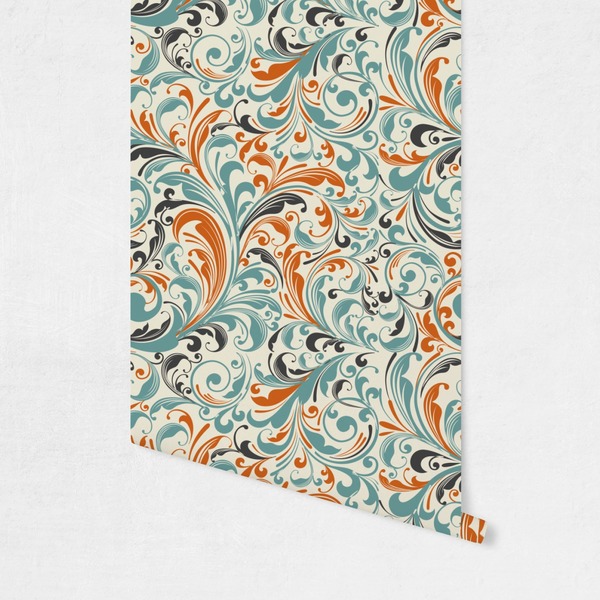 Orange & Blue Leafy Swirls Wallpaper on Wall