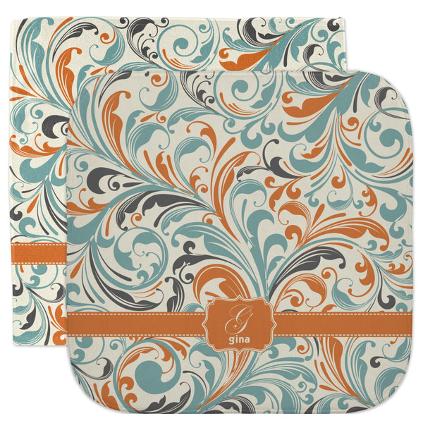 Custom Orange & Blue Leafy Swirls Facecloth / Wash Cloth (Personalized)