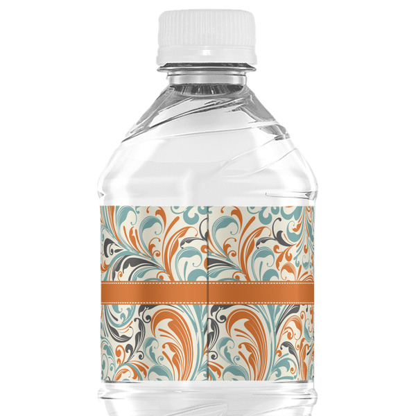 Orange & Blue Leafy Swirls Water Bottle Label - Back View