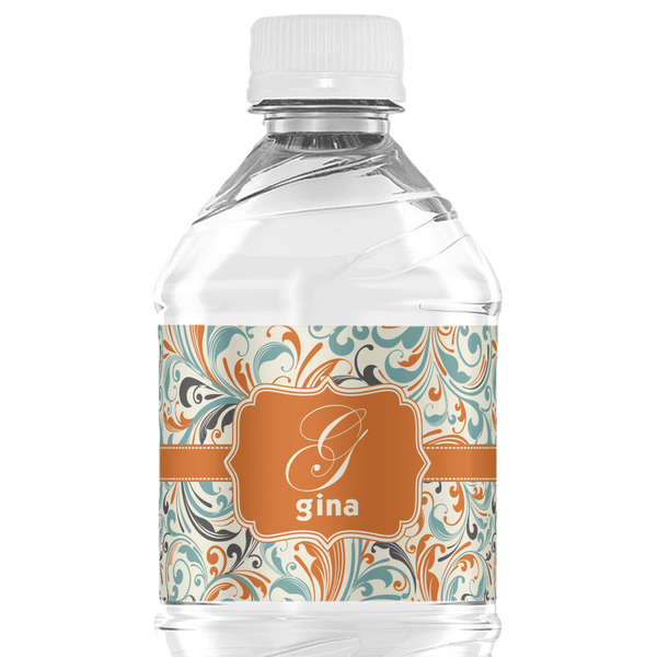 Custom Orange & Blue Leafy Swirls Water Bottle Labels - Custom Sized (Personalized)
