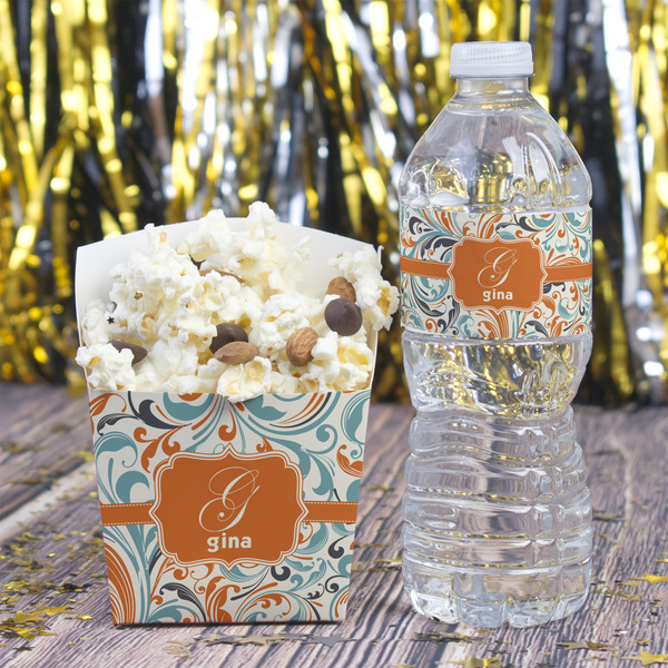 Orange & Blue Leafy Swirls Water Bottle Label - w/ Favor Box