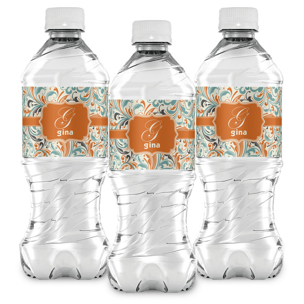 Orange & Blue Leafy Swirls Water Bottle Labels - Front View