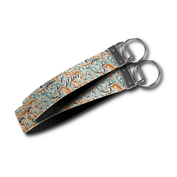 Orange & Blue Leafy Swirls Webbing Keychain FOBs - Size Comparison