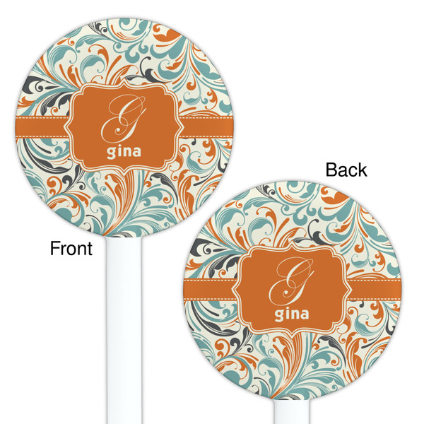 Orange & Blue Leafy Swirls White Plastic 5.5" Stir Stick - Double Sided - Round - Front & Back