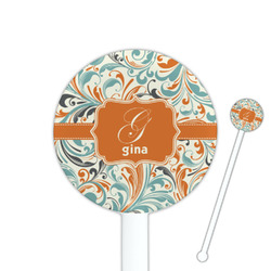 Orange & Blue Leafy Swirls 5.5" Round Plastic Stir Sticks - White - Single Sided (Personalized)