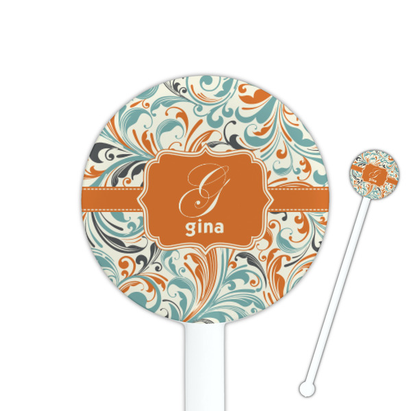 Custom Orange & Blue Leafy Swirls 5.5" Round Plastic Stir Sticks - White - Single Sided (Personalized)