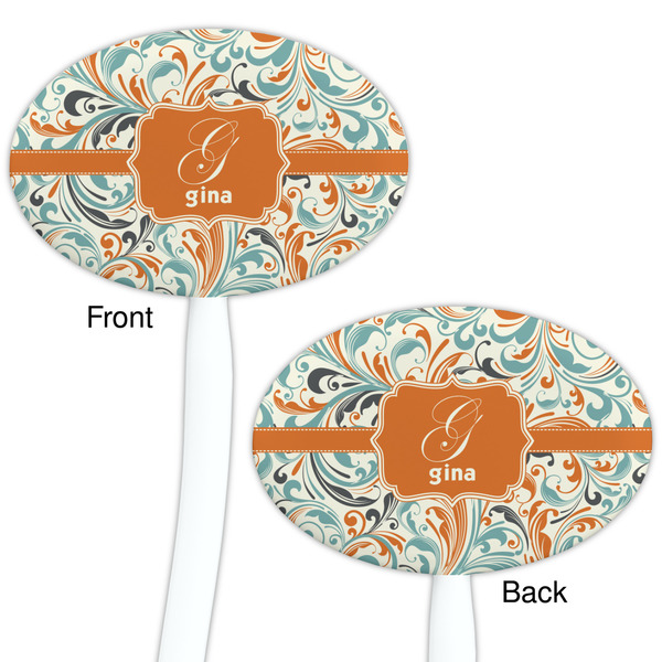 Orange & Blue Leafy Swirls White Plastic 7" Stir Stick - Double Sided - Oval - Front & Back