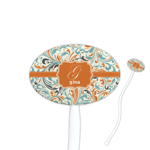 Custom Orange & Blue Leafy Swirls 7" Oval Plastic Stir Sticks - White - Single Sided (Personalized)