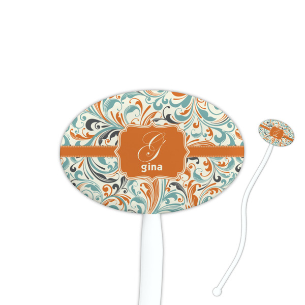 Custom Orange & Blue Leafy Swirls Oval Plastic Stir Sticks (Personalized)
