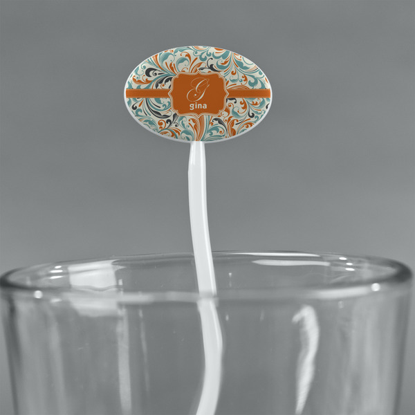 Orange & Blue Leafy Swirls White Plastic 7" Stir Stick - Oval - Main