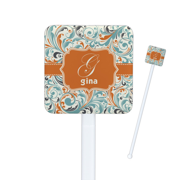 Custom Orange & Blue Leafy Swirls Square Plastic Stir Sticks (Personalized)