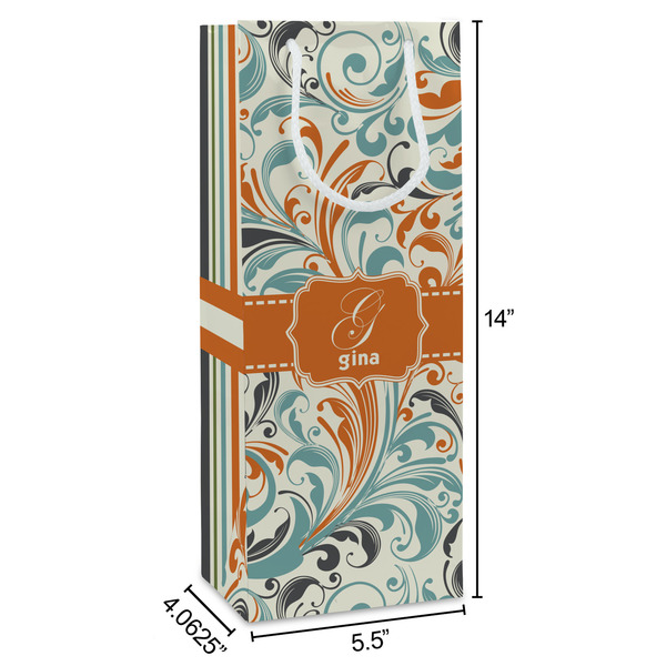 Orange & Blue Leafy Swirls Wine Gift Bag - Dimensions