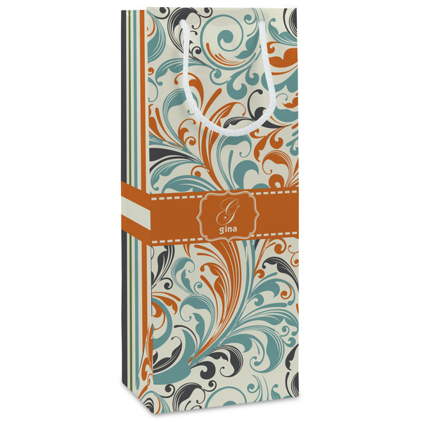 Custom Orange & Blue Leafy Swirls Wine Gift Bags (Personalized)