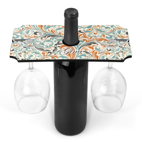Custom Orange & Blue Leafy Swirls Wine Bottle & Glass Holder (Personalized)