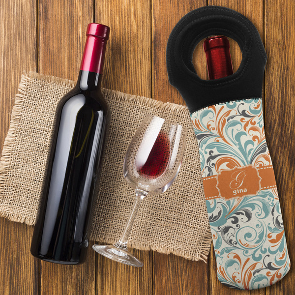 Orange & Blue Leafy Swirls Wine Tote Bag - FLATLAY