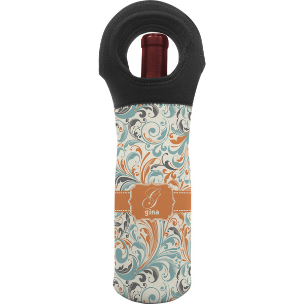 Custom Orange & Blue Leafy Swirls Wine Tote Bag (Personalized)