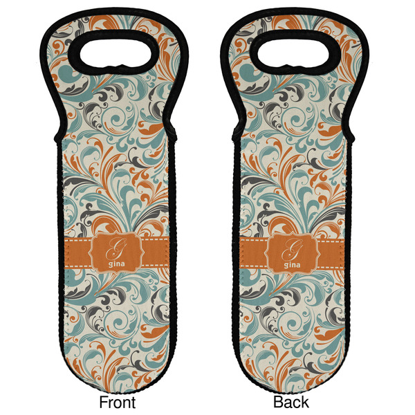 Orange & Blue Leafy Swirls Wine Tote Front & Back