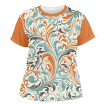Orange & Blue Leafy Swirls Women's Crew T-Shirt - Small