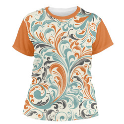 Orange & Blue Leafy Swirls Women's Crew T-Shirt - 2X Large (Personalized)