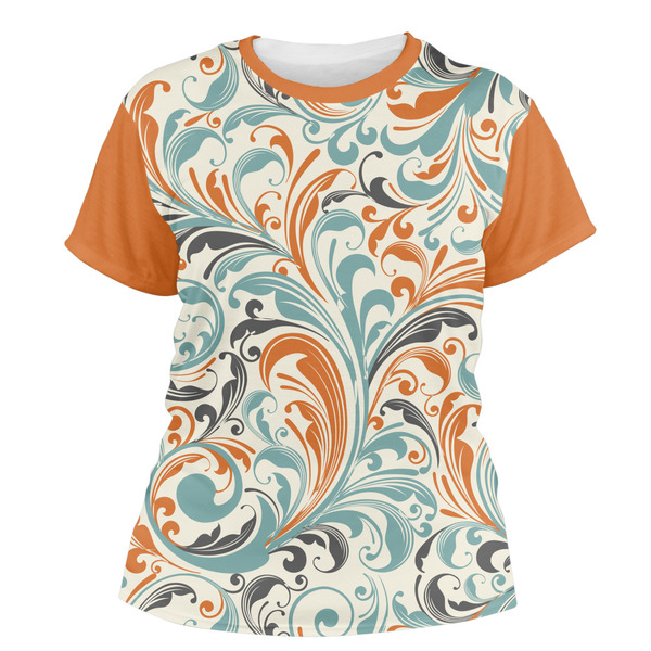 Custom Orange & Blue Leafy Swirls Women's Crew T-Shirt - Small