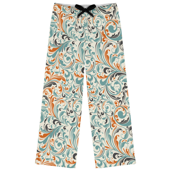 Custom Orange & Blue Leafy Swirls Womens Pajama Pants - XL