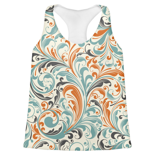 Custom Orange & Blue Leafy Swirls Womens Racerback Tank Top - 2X Large