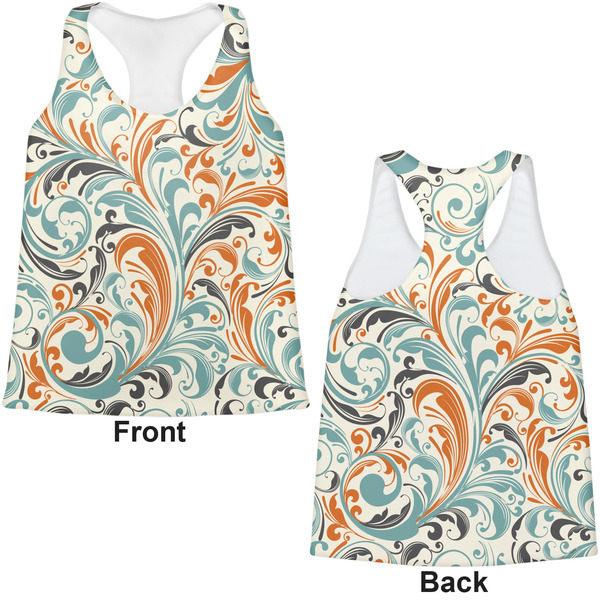 Orange & Blue Leafy Swirls Womens Racerback Tank Tops - Medium - Front and Back