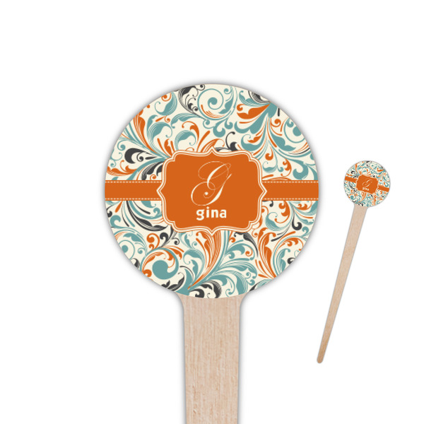 Custom Orange & Blue Leafy Swirls 4" Round Wooden Food Picks - Single Sided (Personalized)
