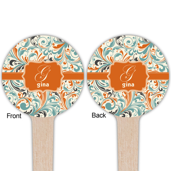 Orange & Blue Leafy Swirls Wooden 4" Food Pick - Round - Double Sided - Front & Back