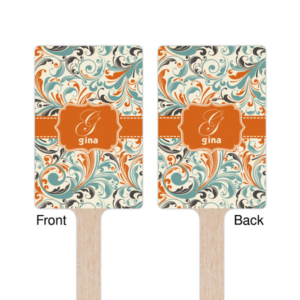Orange & Blue Leafy Swirls Wooden 6.25" Stir Stick - Rectangular - Double Sided - Front & Back