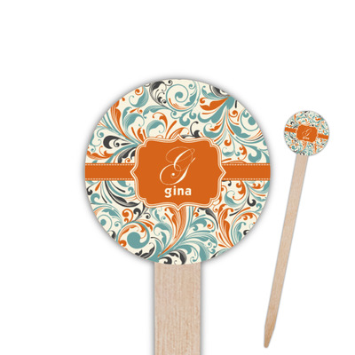 Custom Orange & Blue Leafy Swirls Round Wooden Food Picks (Personalized)