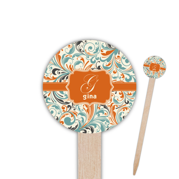 Custom Orange & Blue Leafy Swirls 6" Round Wooden Food Picks - Single Sided (Personalized)
