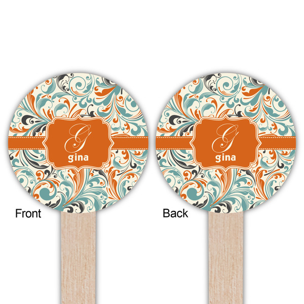 Orange & Blue Leafy Swirls Wooden 6" Food Pick - Round - Double Sided - Front & Back