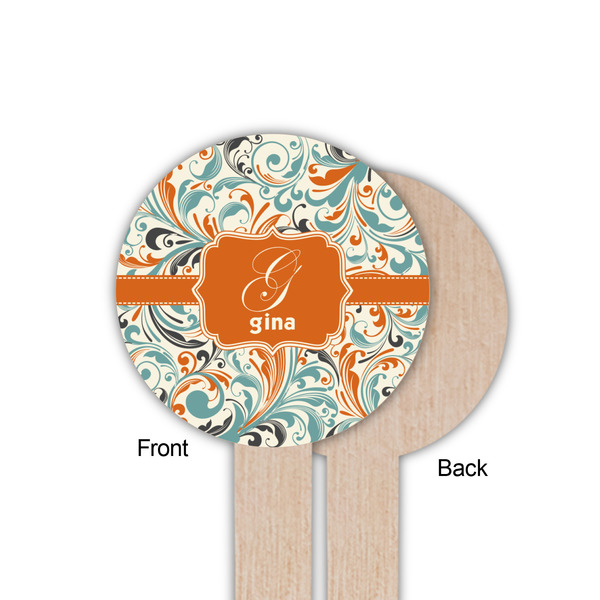 Orange & Blue Leafy Swirls Wooden 6" Food Pick - Round - Single Sided - Front & Back