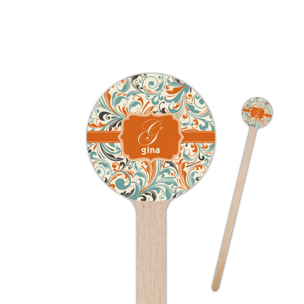Custom Orange & Blue Leafy Swirls Round Wooden Stir Sticks (Personalized)