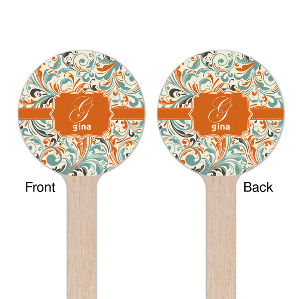 Orange & Blue Leafy Swirls Wooden 6" Stir Stick - Round - Double Sided - Front & Back