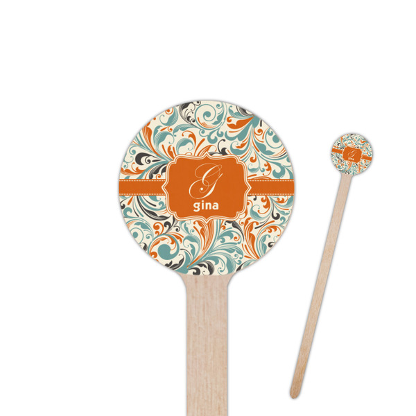 Custom Orange & Blue Leafy Swirls 7.5" Round Wooden Stir Sticks - Single Sided (Personalized)