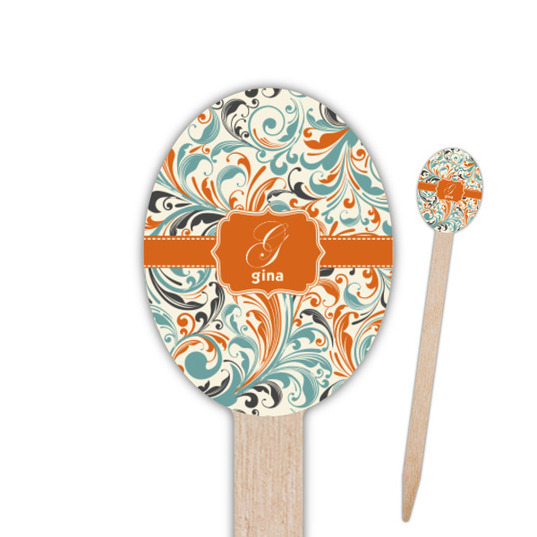 Custom Orange & Blue Leafy Swirls Oval Wooden Food Picks - Double Sided (Personalized)