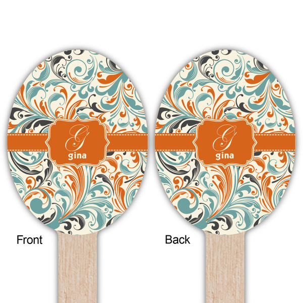 Orange & Blue Leafy Swirls Wooden Food Pick - Oval - Double Sided - Front & Back