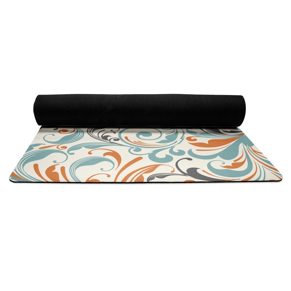 Orange & Blue Leafy Swirls Yoga Mat Rolled up Black Rubber Backing
