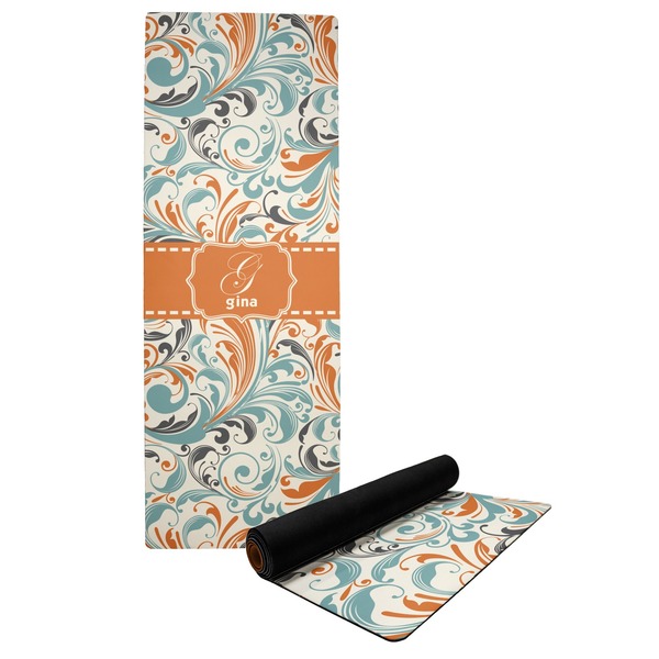 Custom Orange & Blue Leafy Swirls Yoga Mat (Personalized)